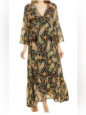Johnny Was Black Paisley Floral Maxi Dress with Green & Orange Accents